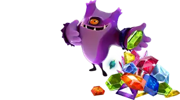 Изображение с персонажами Gama интернет казино, окруженными разноцветными драгоценными камнями, символизирующими регулярные награды для игроков и создающими атмосферу игры и вознаграждения.